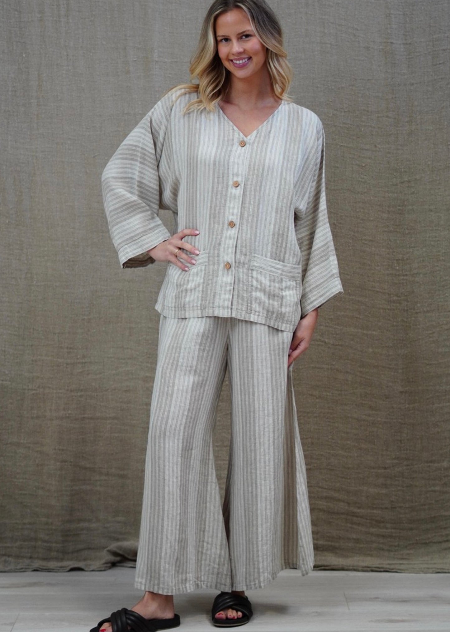 Alessa Wide Leg Pant - Stripes Taupe
