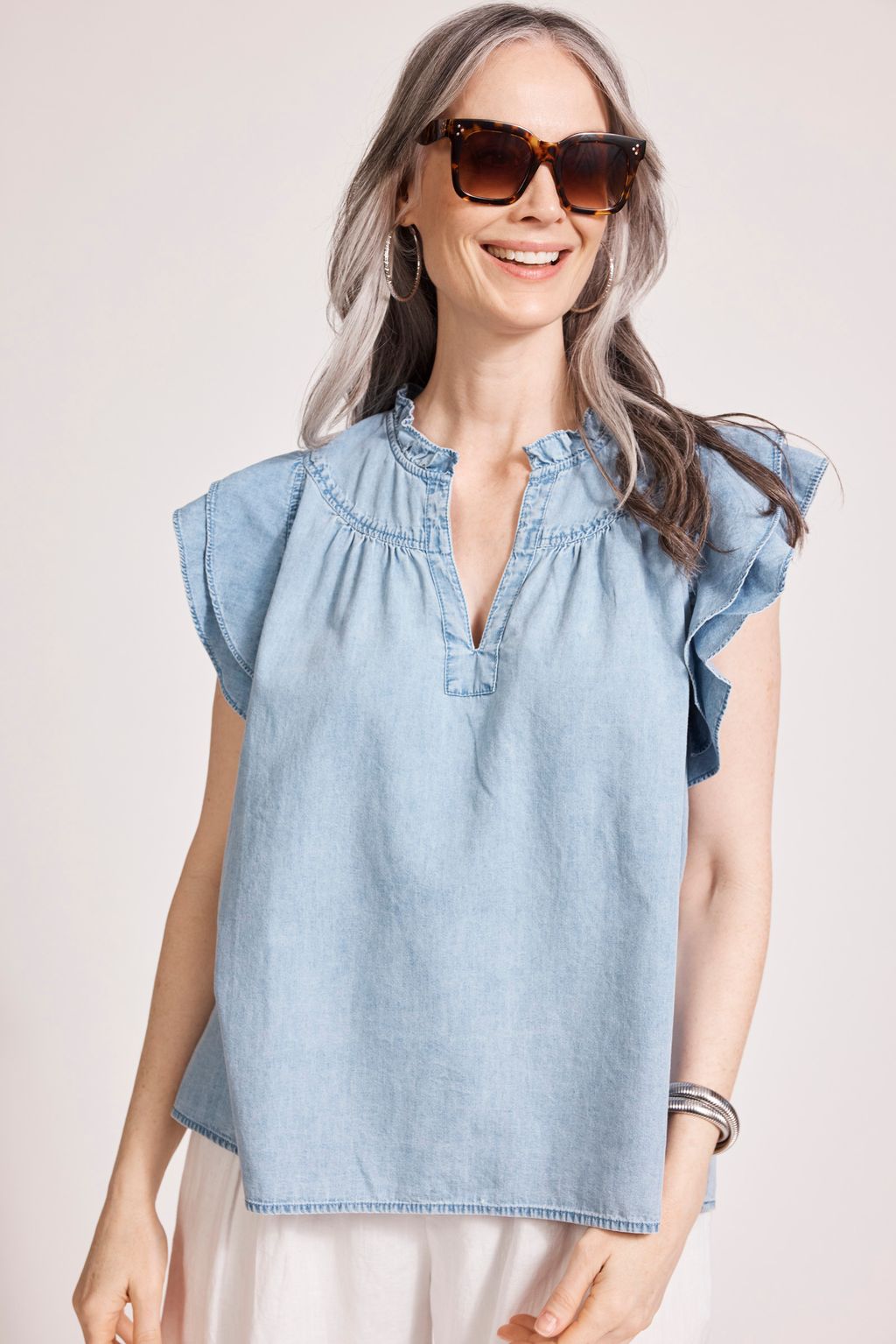 MELENIA DENIM FRILL TOP - DENIM by eb&Ive