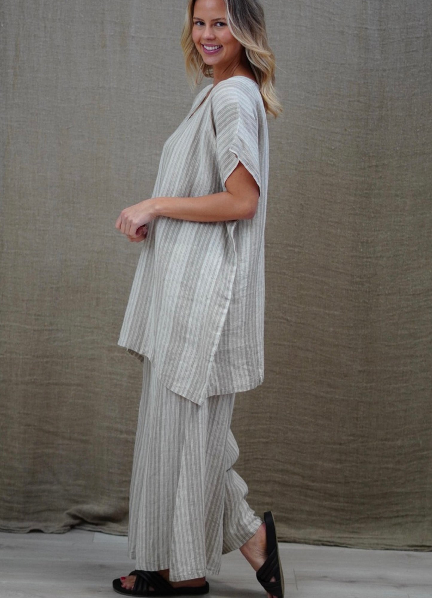Alessa Wide Leg Pant - Stripes Taupe