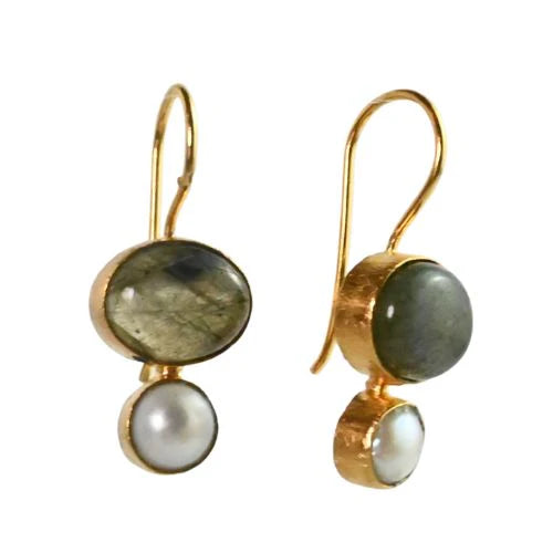 Euro Gold Laboradorite and Pearl Earrings by Melanie Woods