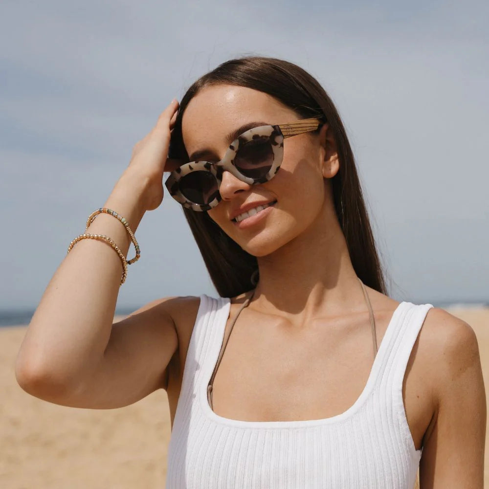 STEVIE IVORY TORT Black Polarised Lens Walnut Arms Sunglasses by Soek
