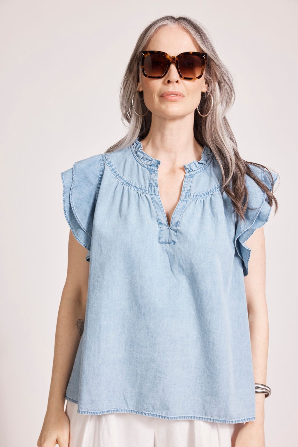 MELENIA DENIM FRILL TOP - DENIM by eb&Ive