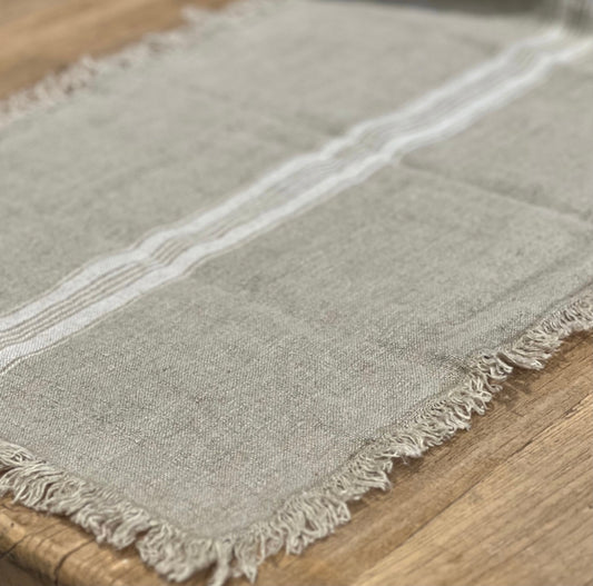 Natural Linen Table Runner White Stripe with Fringes