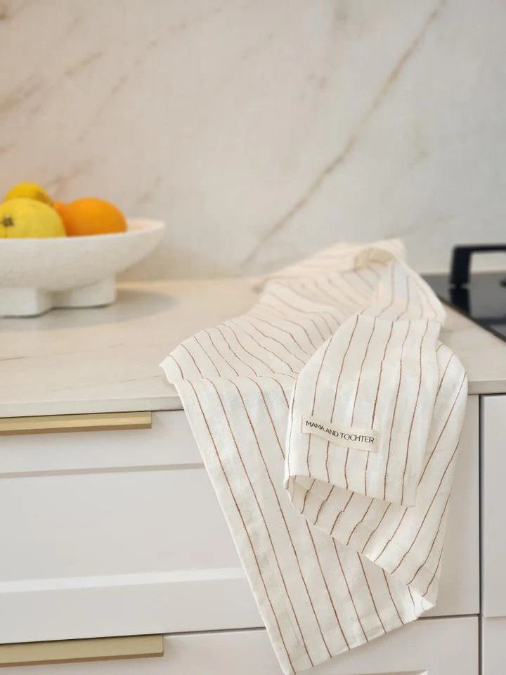 Pure French Linen Tea Towel - Toffee Pinstripes