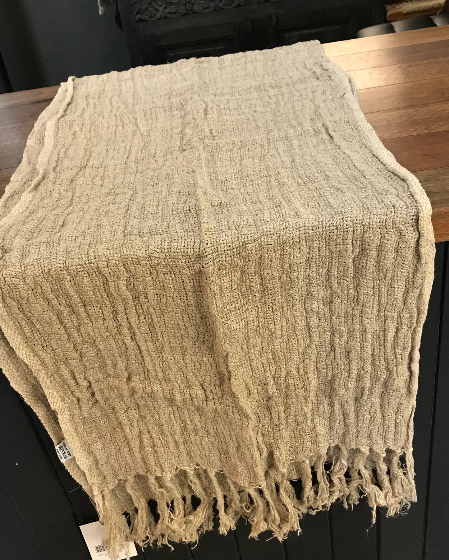 Rustic Linen Table Runner with Fringe- Natural