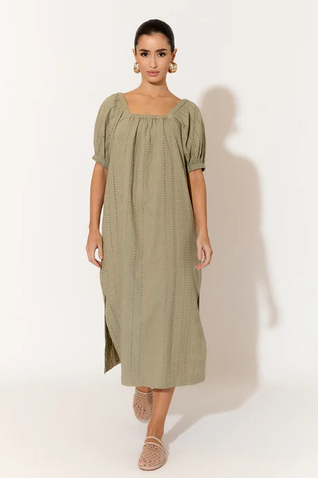 SELENE COTTON BRODERIE MIDI DRESS (KHAKI) by Adorne