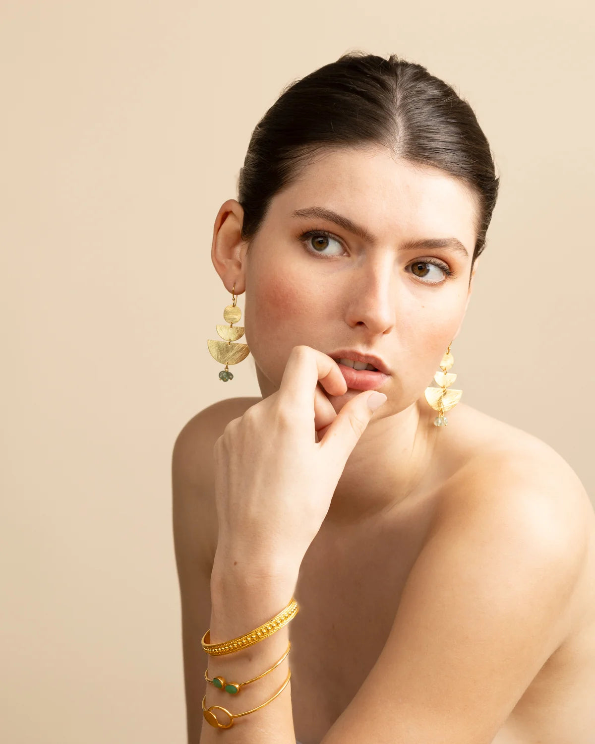 Euro Gold Gemstone Fan Drop Earrings - Green Chalcedony