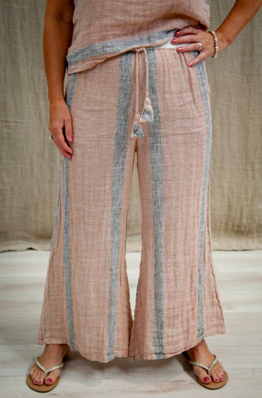 Alessa Wide Legged Pants Pink/Grey Stripe by Linen Unlimited