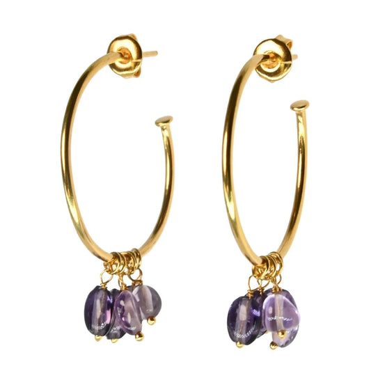 Euro Gold Amethyst Gem DROP Hoop Earrings by Melanie Woods