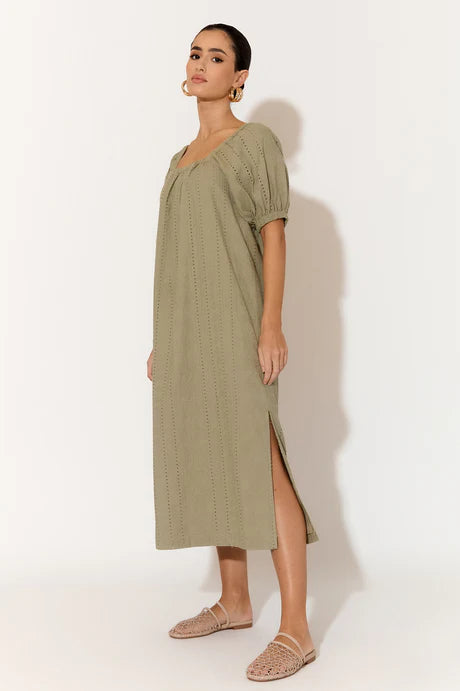 SELENE COTTON BRODERIE MIDI DRESS (KHAKI) by Adorne