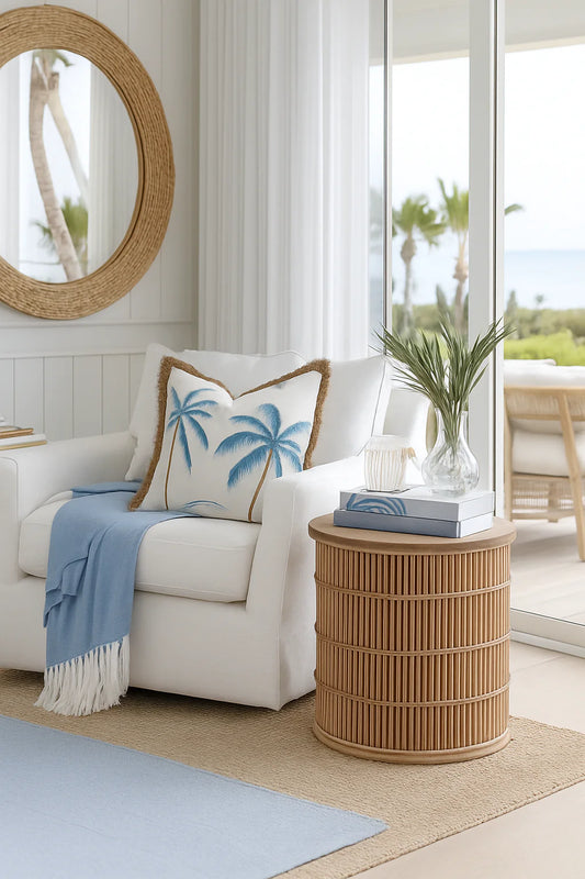 Palm Coast Embroidered Cushion - Blue