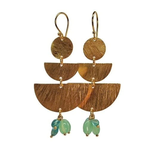 Euro Gold Gemstone Fan Drop Earrings - Green Chalcedony