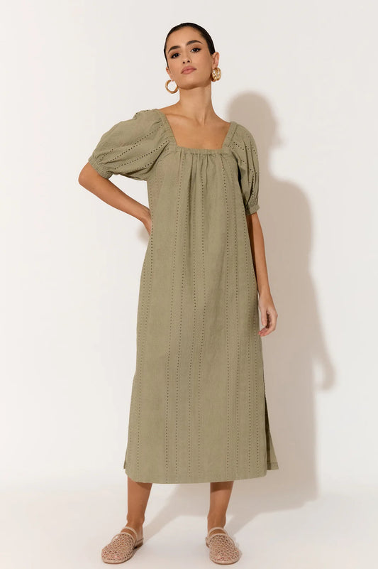 SELENE COTTON BRODERIE MIDI DRESS (KHAKI) by Adorne