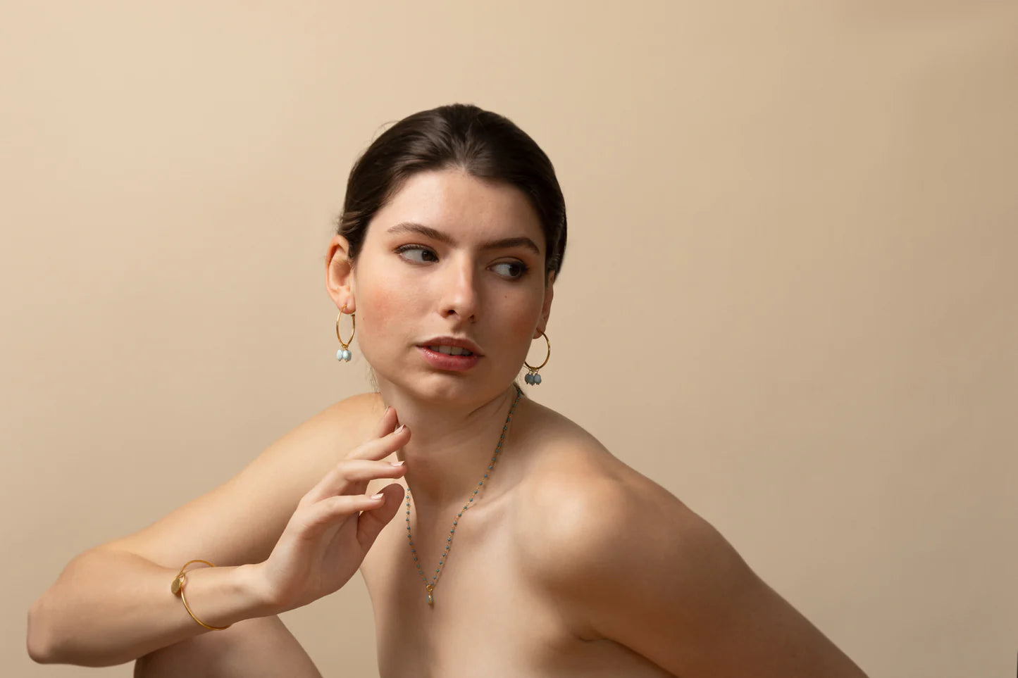 Euro Gold Fleurite Gem DROP Hoop Earrings by Melanie Woods